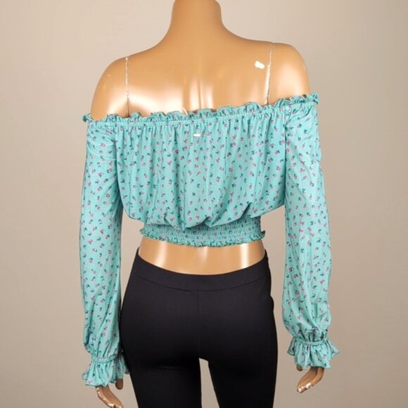 Guess Floral Off Shoulder Crop Top Long Sleeve Flare Cuff Smocked Bubble Hem - Picture 6 of 12